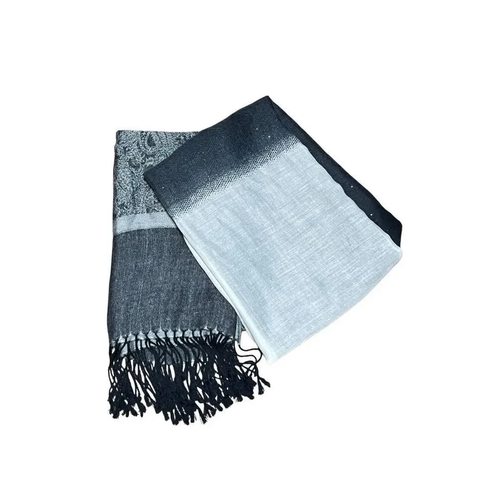 Scarves Set of 2 Ombre' Black White and Grey Paisley